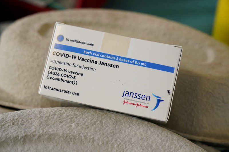 A box of Johnson & Johnson's coronavirus disease (COVID-19) vaccines is seen at the Forem vaccination centre in Pamplona, Spain, April 22, 2021. REUTERS/Vincent West