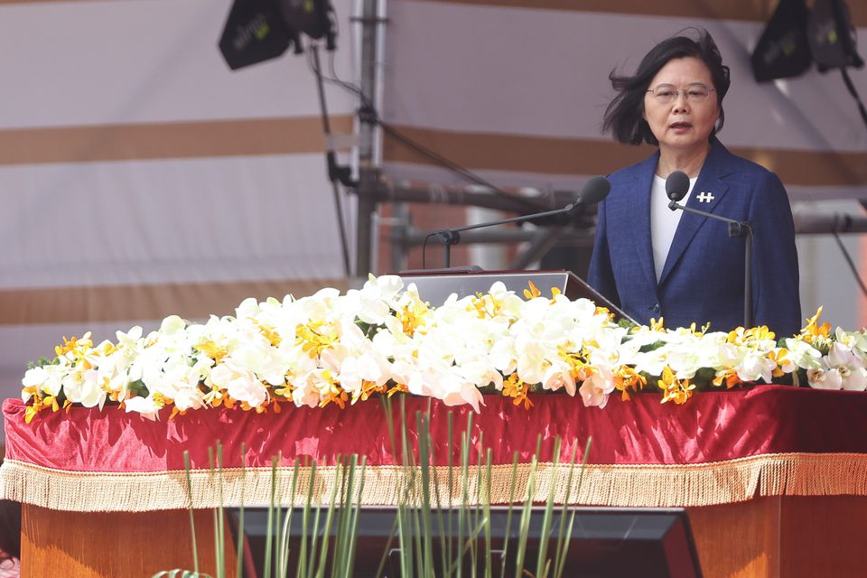 Taiwan's President Tsai Ing-wen speaks during the national day celebration in Taipei, Taiwan, October 10,2021. REUTERS/ Ann Wang