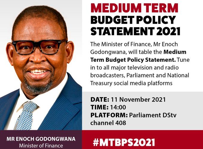 . @TreasuryRSA Minister Enoch Godongwana will this afternoon at 2pm, table the #MTBPS2021. Tune in to all major TV and radio broadcasters, Parliament and National Treasury social media platforms to view the speech.