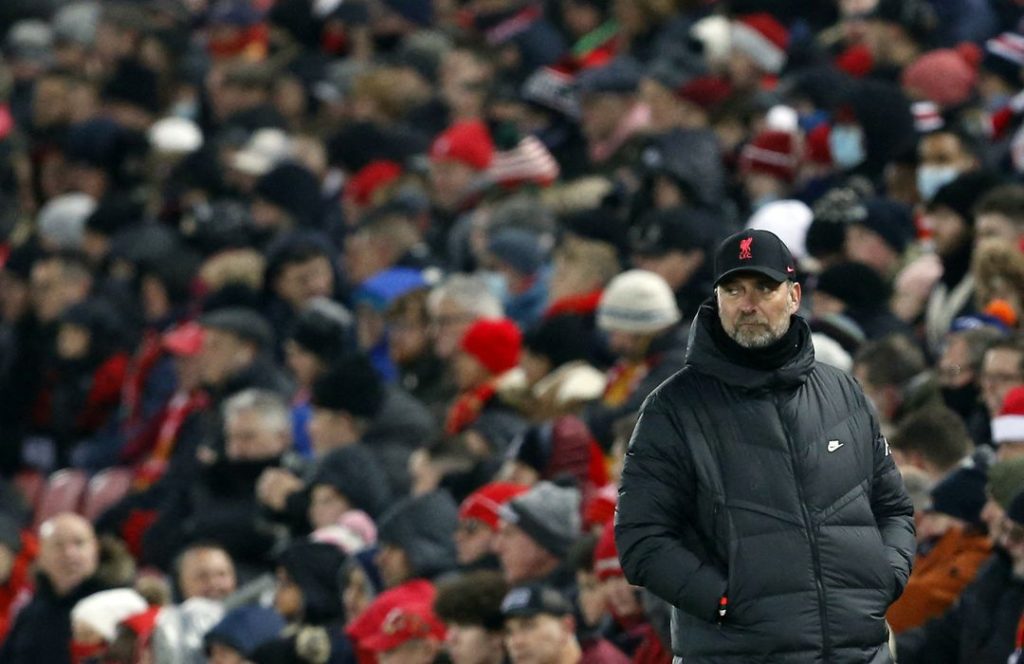 Soccer Football - Carabao Cup - Quarter Final - Liverpool v Leicester City - Anfield, Liverpool, Britain - December 22, 2021 Liverpool manager Juergen Klopp looks dejected REUTERS/Craig Brough