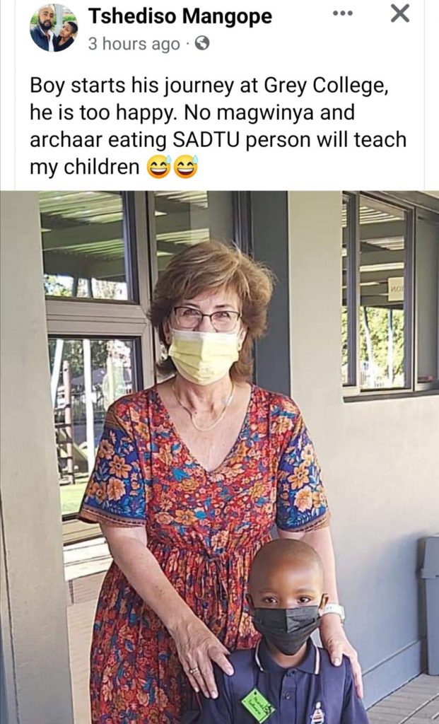 Tshediso Mangope took to social media a picture of his child who started his schooling at Grey College saying that “No magwinya and archaar eating SADTU person will teach my children.”