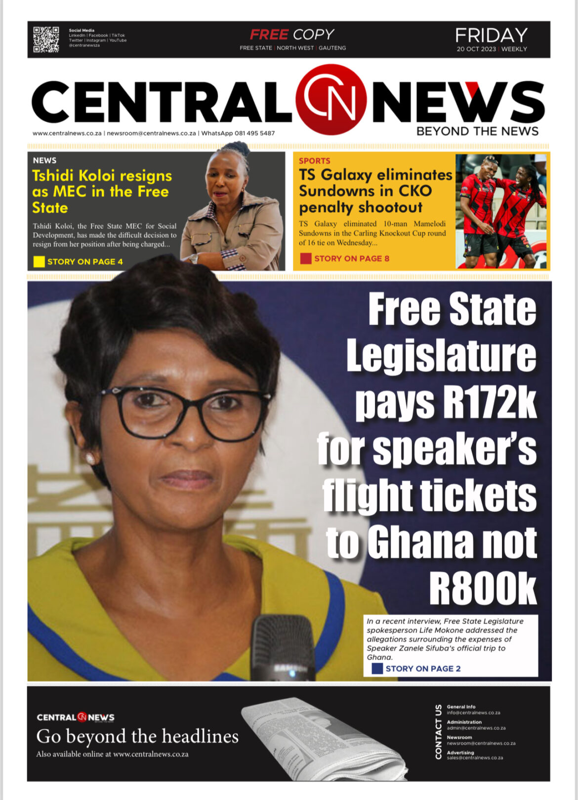 Central News Issue 027 | Download the latest weekly edition| Top Story : “Free State Legislature pays R172K for speaker's light tickets to Ghana not R800K” ________________________