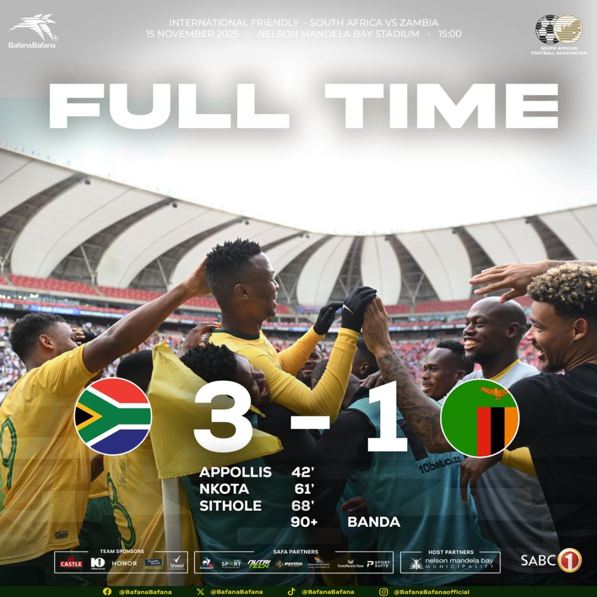 Bafana Bafana Secure Convincing 3-1 Victory Over Zambia in AFCON Warm-Up Friendly